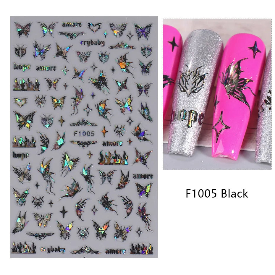 Aichashi 1PCS Black White Butterfly Laser Nail Stickers Y2K Nail Art Decoration Abstract Lines Bronzing Flowers Stickers For Nails