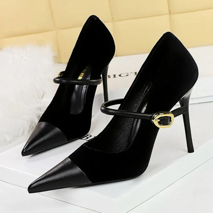 aichashi  -  Pointed Toe Velour Stiletto Heel Women Designer Party Dress Shoes Metal Buckle Splicing Elegant Heels Office Women Shoes Pumps