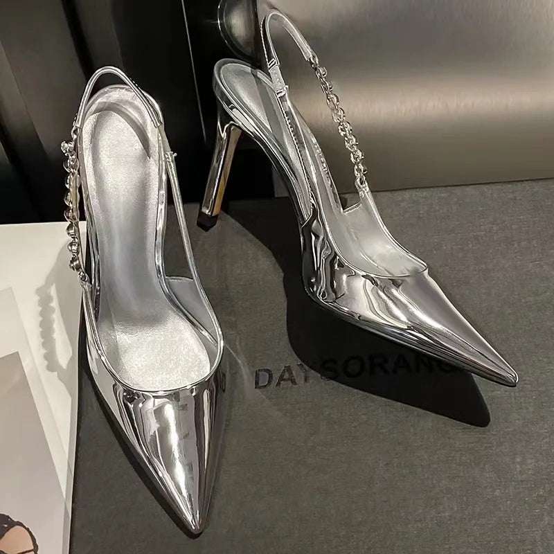 aichashi  -  Shiny High Heels Slingback Women Pumps Metallic Crystal Sandals Pointy Toe Stiletto Heeled Shoes Silver Party Dress Shoes Woman