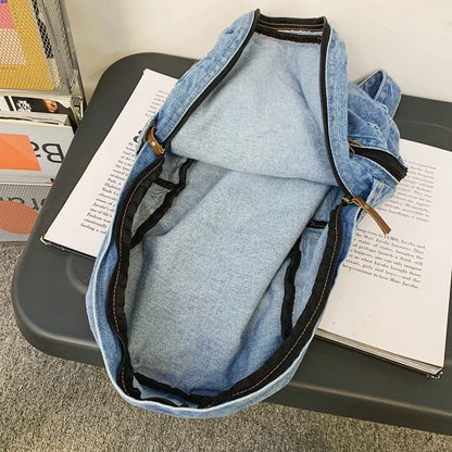 Aichashi BACK TO SCHOOL New Denim Men's and Women's Shoulder Bag Fashion Pleated Washed Student Backpack Casual Backpack