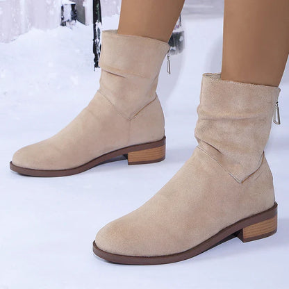 Aichashi Autumn Womens Solid Pleated Ankle Boots Fashion Faux Suede Square Heel Boots Ladies Round Toe Back Zipper Office Shoes Boats