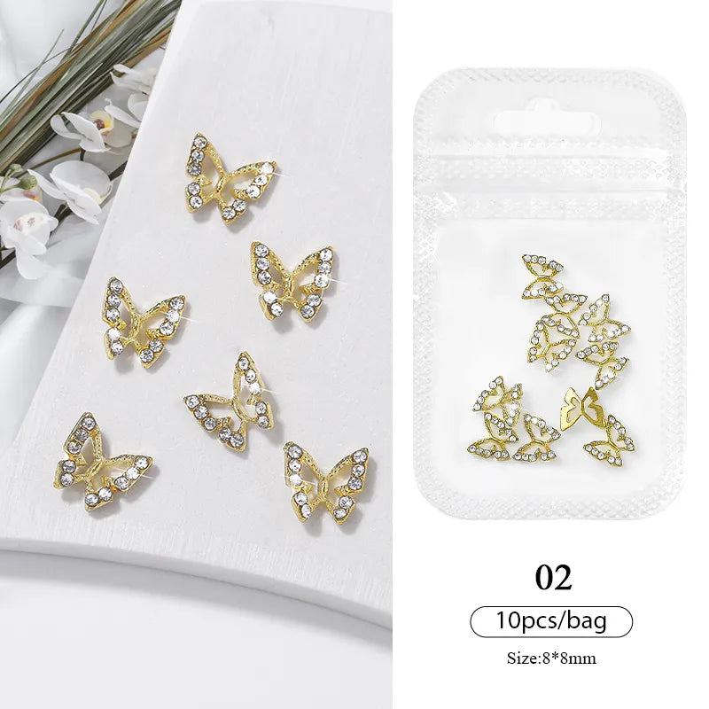 Aichashi 10pcs/bag Butterfly Shaped Nail Rhinestone Star Flower Nail Charm Silver Gold Alloy Nail Pearl Jewelry Accessories Nail Supplies