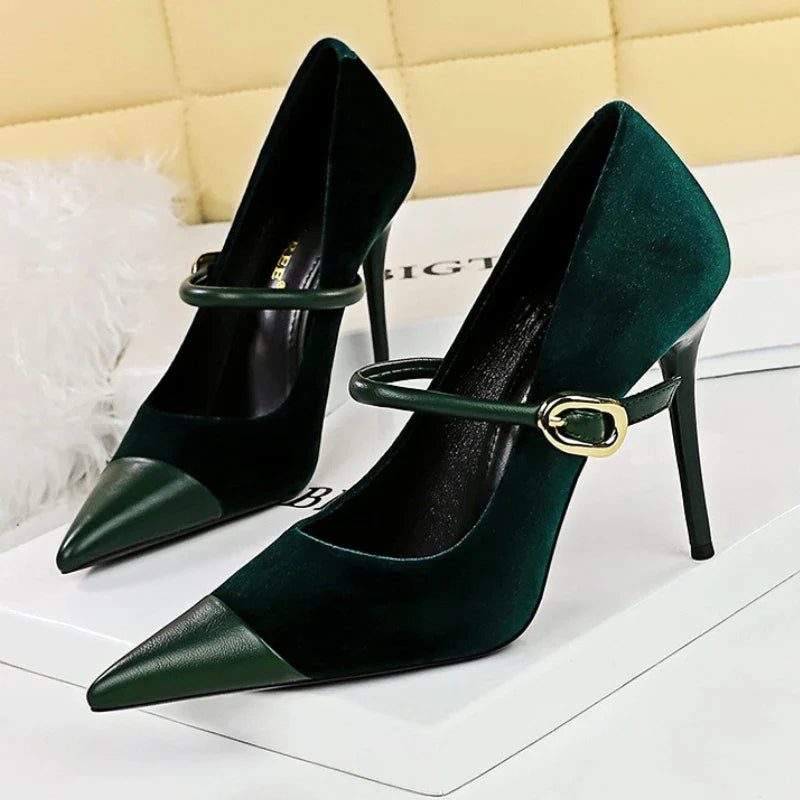 aichashi  -  Pointed Toe Velour Stiletto Heel Women Designer Party Dress Shoes Metal Buckle Splicing Elegant Heels Office Women Shoes Pumps