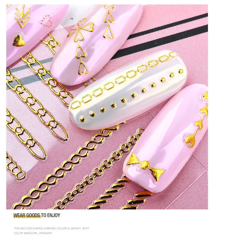 1 Sheet Gold Metal Chains Nail Stickers Mix Wave Heart Bow 3d Golden Metallic Adhesive Sticker DIY Manicure Nail Art Decorations