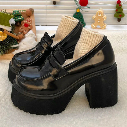 Aichashi Gothic Chunky High Heels Pumps for Women 2024 Spring Patent Leather Platform Loafers Woman Black Thick Heeled Jk Lolita Shoes