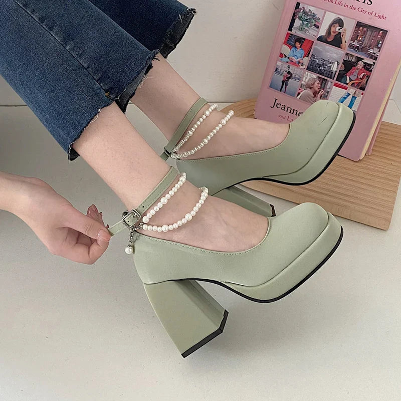 aichashi  - Vintage High Heels Mary Jane Shoes for Women Patent Leather Platform Pumps Woman Pearls Chain Thick-Heeled Shoes Female