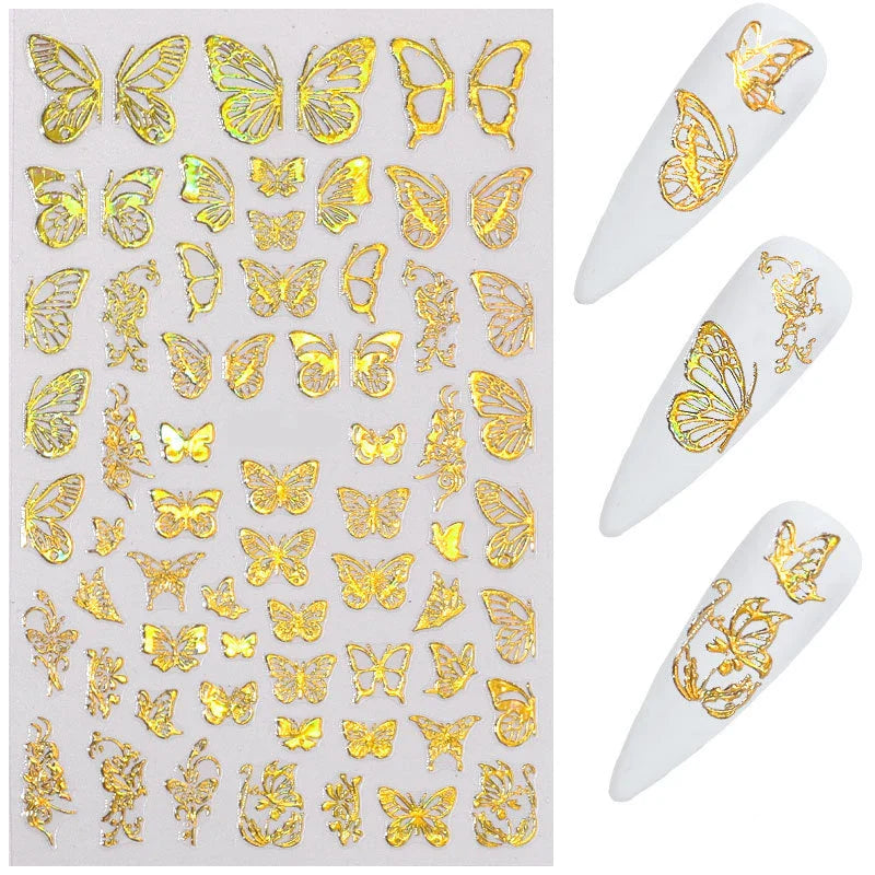 Aichashi Laser Butterfly Sticker Nails Art Holographic Gold/Sliver Nail Decal Design Self-adhesive Butterfly Nail Sticker Ornament