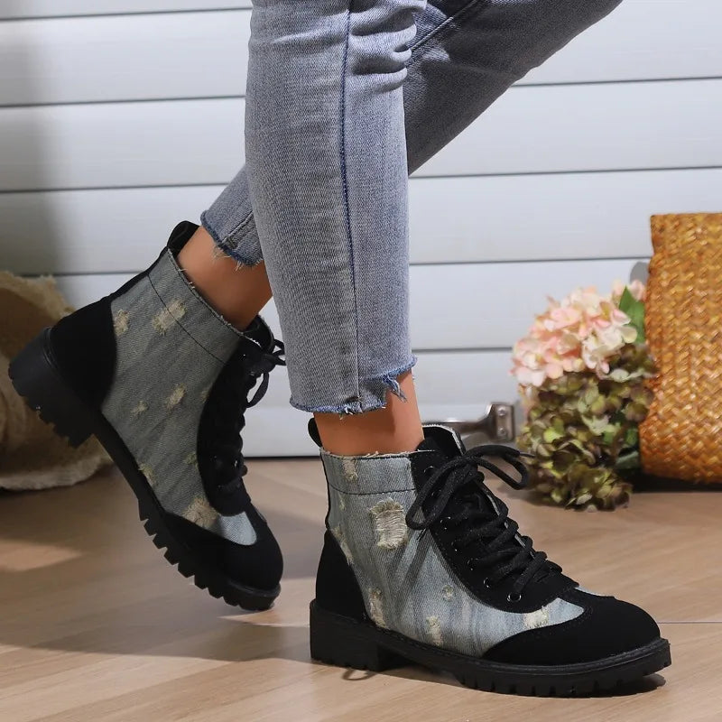 aichashi  -  Women'S Boots Fashion Retro Denim Patchwork Lace Up Flat Bottomed Short Boots Vintage Zapatos Mujer Flat Shoes Ankle Boots