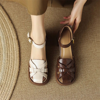 Aichashi New Summer Sandals Cow Leather Luxury Roman Sandals Casual Buckle Strap Summer Shoes GLADIATOR Thick Heel Women High Heels