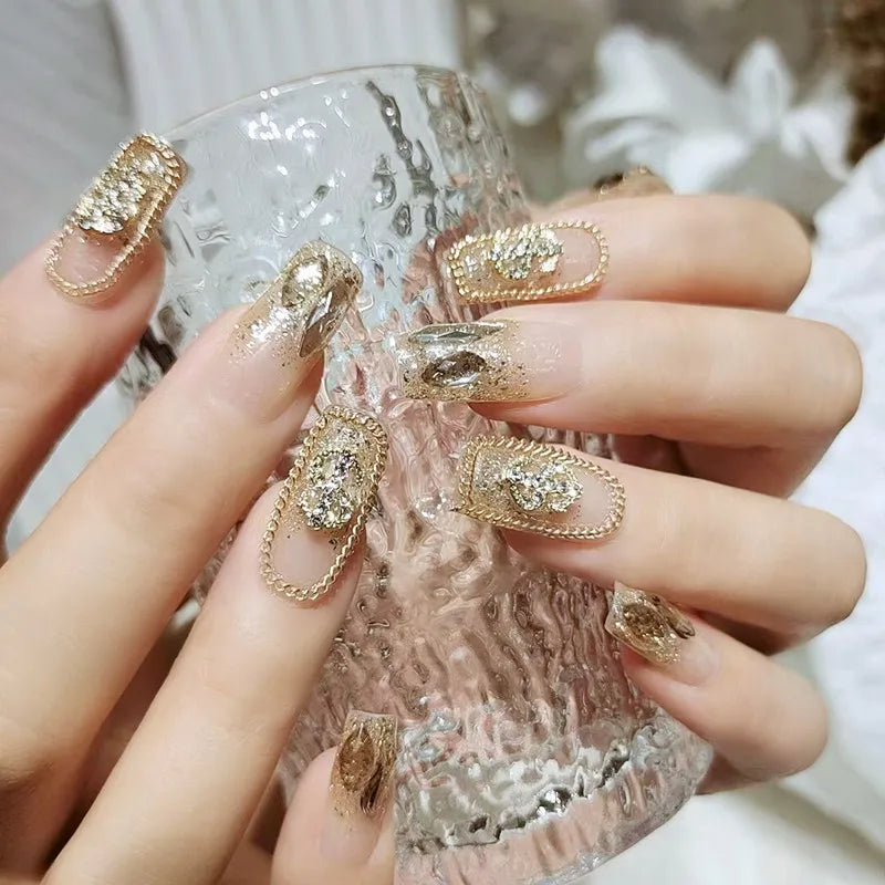 24Pcs Luxury Fake nail tips Women Wearable Press on Nails with Gold Glitter Diamond Full Cover Coffin Artificial Nails Tips