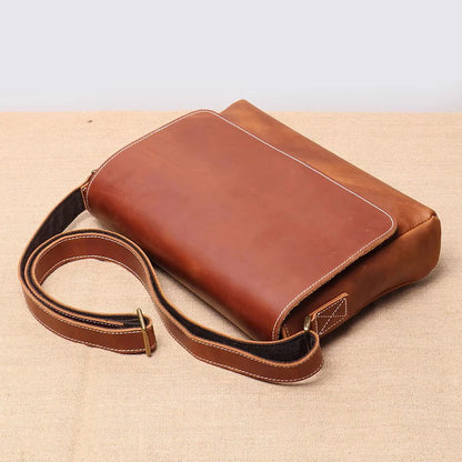 Aichashi Retro Top Layer Cowhide Leather Men's Flap Shoulder Bag Daily Casual Horizontal Crossbody Bag 9.7 Inches Ipad Bag