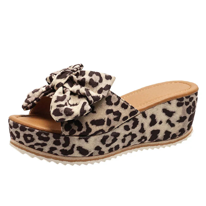 Aichashi Fashion Bowknot Wedge Sandals for Women Leopard Print Chunky Platform Sandalias Mujer 2024 Summer Thick Sole Slippers Plus Size