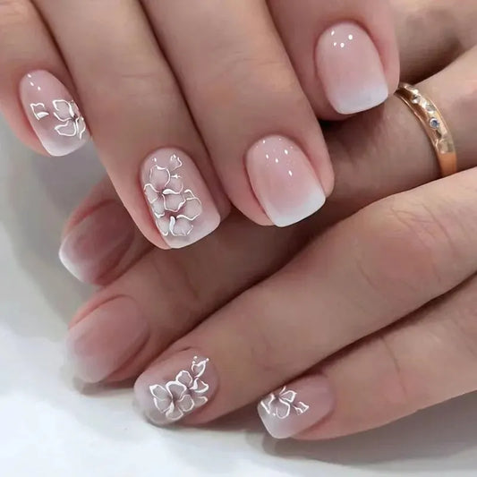 24 PCs Short French Simple Gradient Flower Nails with 1 Jelly Glue and 1 Nail File