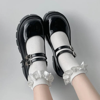 aichashi  -  Chunky Platform Mary Jane Shoes Women Heart Buckle Strap Thick Heels Pumps Woman Black Patent Leather Lolita Shoes Laides