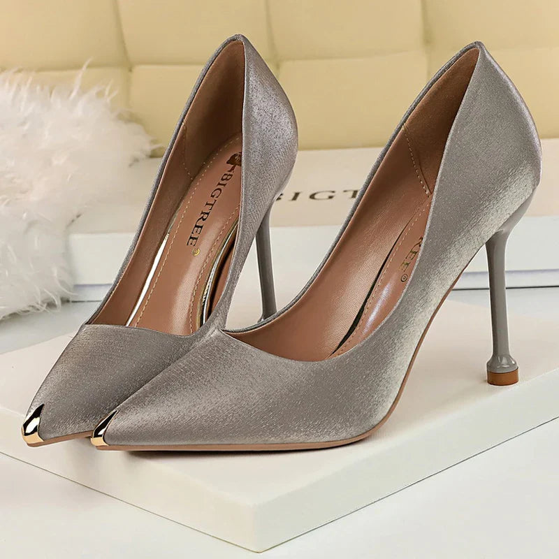 aichashi  -  Shoes New Women Pumps Spring High Heels Satin Luxurious Banquet Shoes Stiletto Metal Tip Heels Women Party Shoes