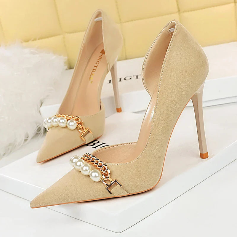 aichashi  -  Shoes Checked Grain Women Pumps Quality High Heels Pearl Chain Design Women Heels Stilettos Luxury Banquet Shoes