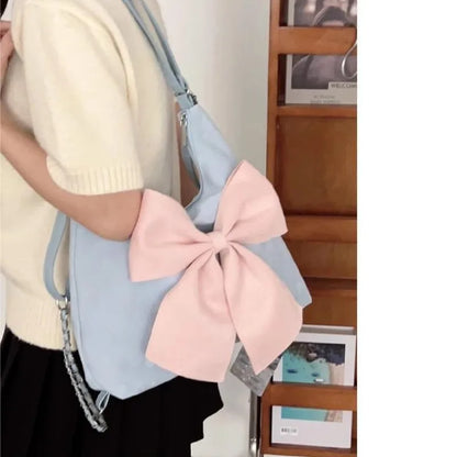 aichashi Pink Bow Womens Shoulder Bag Korean Style Fashion Large Capacity Sweet Backpack Cute Exquisite Elegant New Female Tote Bag