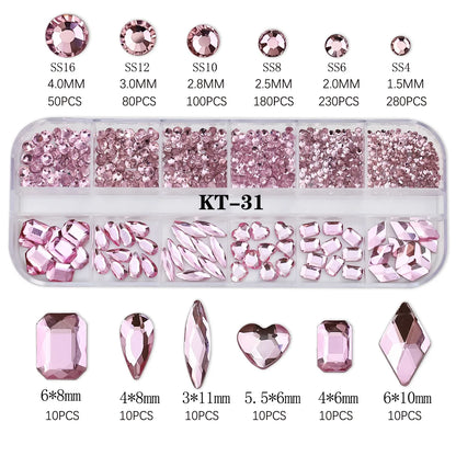 Aichashi 12 Grids Sparkle Translucent Colorful Mix Shapes Flatback Glass Diamonds Nail Art Rhinestones Jewel Decorations Manicure Charms