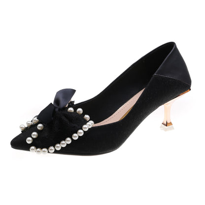 Aichashi Lace Bowknot Pumps for Women Summer Sexy Pointed Toe Thin High Heels Shoes Woman Fashion Pearls Wedding Party Shoes