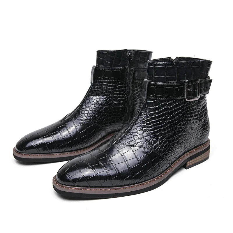 aichashi  - Luxury Dress Leather Men Boots Crocodile Pattern Pointed Toes Casual Leather Boots Men Fashion High Top Boots Party Mes Shoes