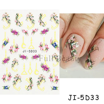 Aichashi 5D Embossed Nail Stickers Flowers Bird Geometric Lines Gold Frame Floral Nail Decals Cherry Blossom Y2K Manicure Decor