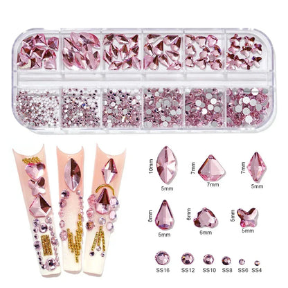 12Gird/Box Colorful Multi Shapes Hotfix Flatback Glass Diamonds 3D DIY Glitter Nail Art Rhinestones Luxurious Decorations