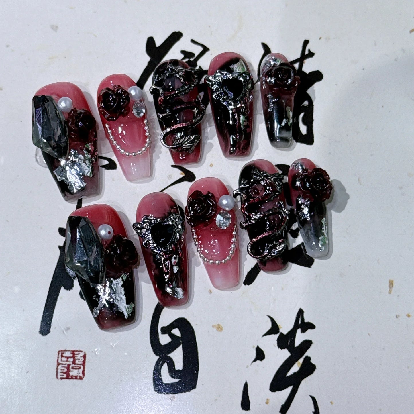 Aichashi 10Pcs Handmade False Nails with Rose Butterfly Rhinestone Design Long Ballet Full Cover Fake Nails Wearable Coffin Press on Nail