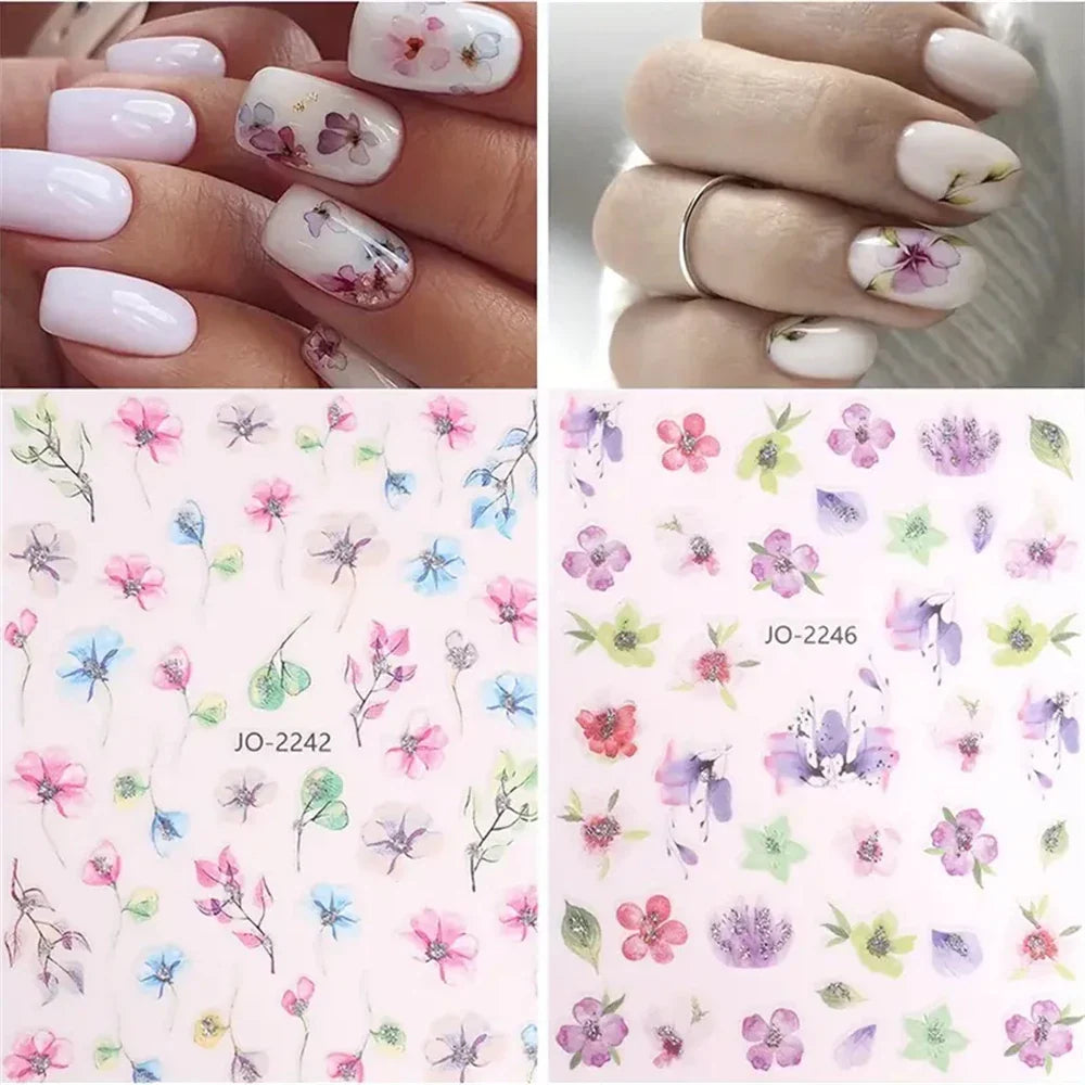 Aichashi 9PCS Spring Flower Nail Art Stickers, Holographic Ink Painting Flower Leaves Nail Transfer Decal Design Girls Nail Pendant