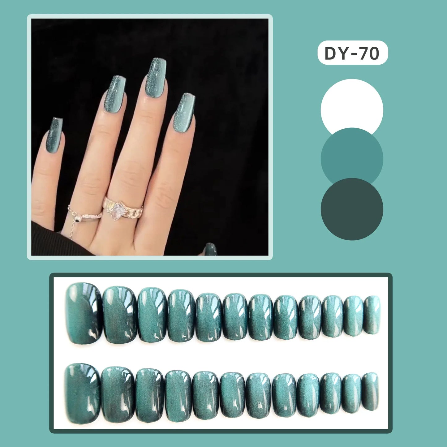 Aichashi 24pcs Cat Eye False Nail Deep Blue Color Fake Nail Tips Full Cover Nail Art Long Coffin Ballet Press on Nail Manicure Nail Tips