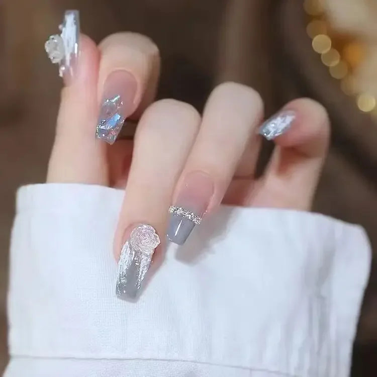 24PCS Ballerina Long Square Nail Tips False Nails Wearable Fake Nails Butterfly INS French Pearl Design Press on Nails for Woman