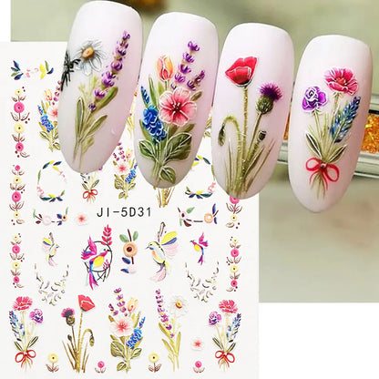 Aichashi 5D Embossed Nail Stickers Flowers Bird Geometric Lines Gold Frame Floral Nail Decals Cherry Blossom Y2K Manicure Decor