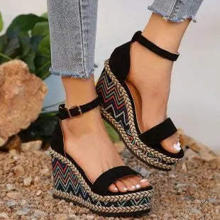 Aichashi 2024 Summer New European and American Fashion Simple Ethnic Style Slope Heel Sandals with One Button High Heel Women's Shoes