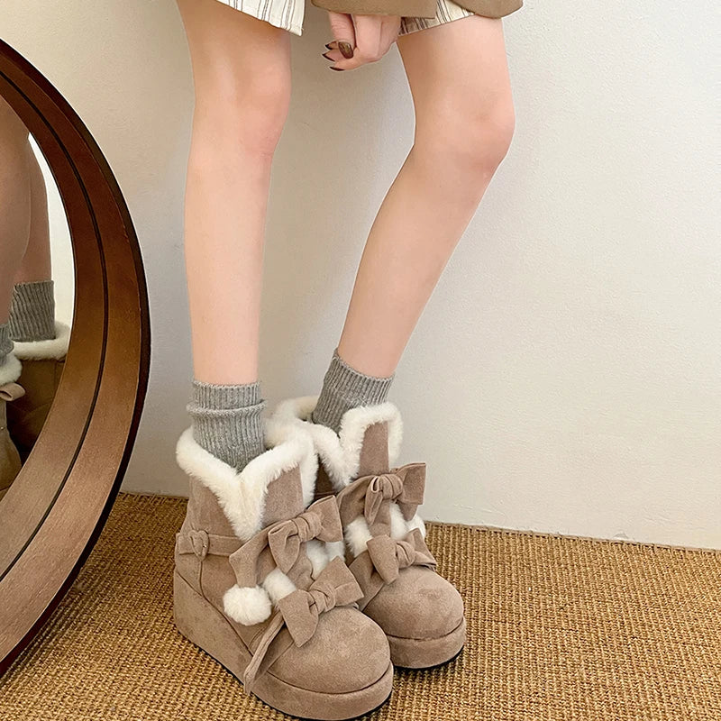 aichashi  -  Winter Lolita Style Warm Plush Women Snow Boots Fashion Platform Thick Heel Short Booties Casual Comfort Cotton Shoes