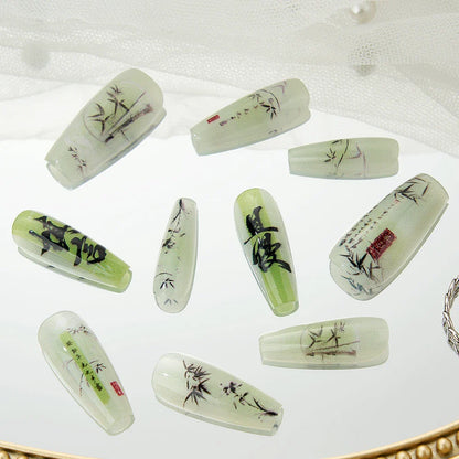 10PCS Glossy Handmade Fake Nails with Bamboo Leaf Design Pure Color Shiny Press on Nail Chinese Style Long False Art Nail Tips