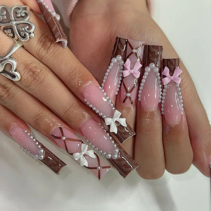 24Pcs Long Ballet False Nails with Bow Designs Pink Coffin Press on Nails Wearable French Fake Nail Full Cover Manicure Tips