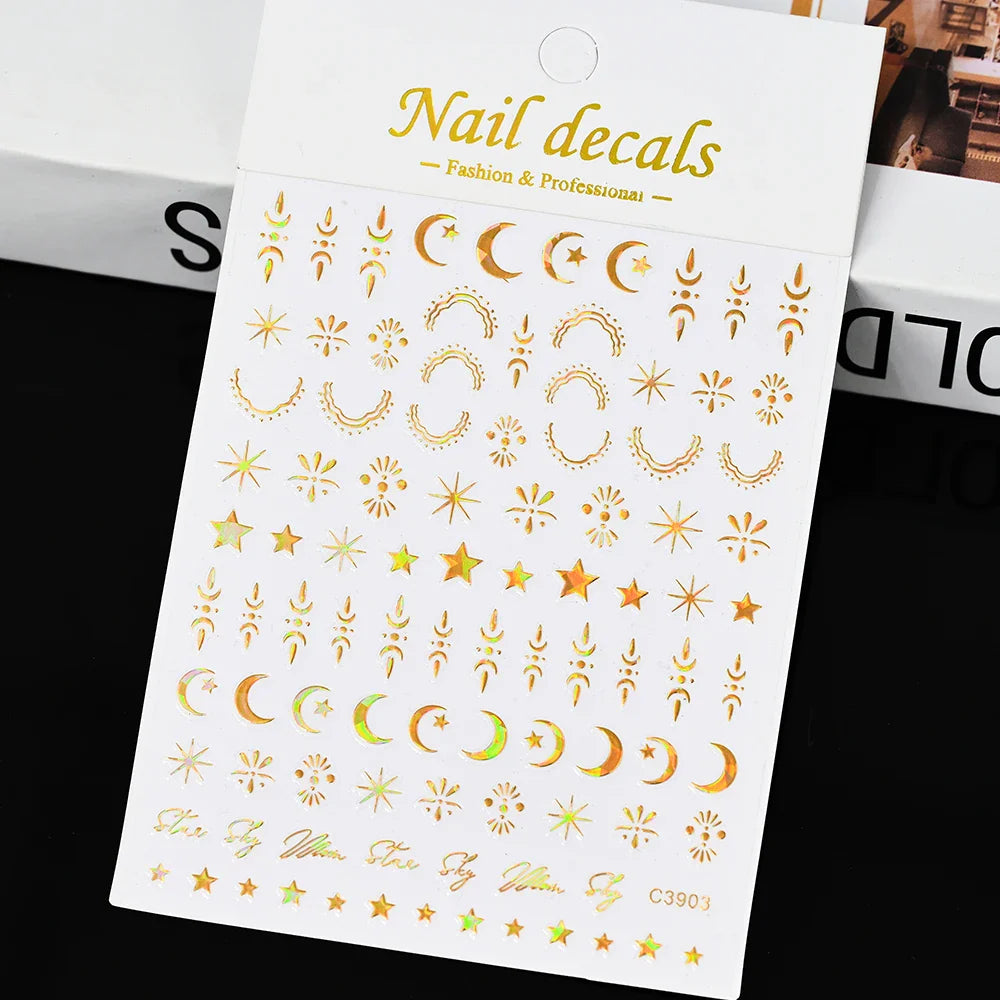 3D Gold Sun/Moon/Star Bronzing Nail Art Sticker 8*10cm Laser Star Moon Design Nail Decal Gold Silver Self-Adhesive Slider