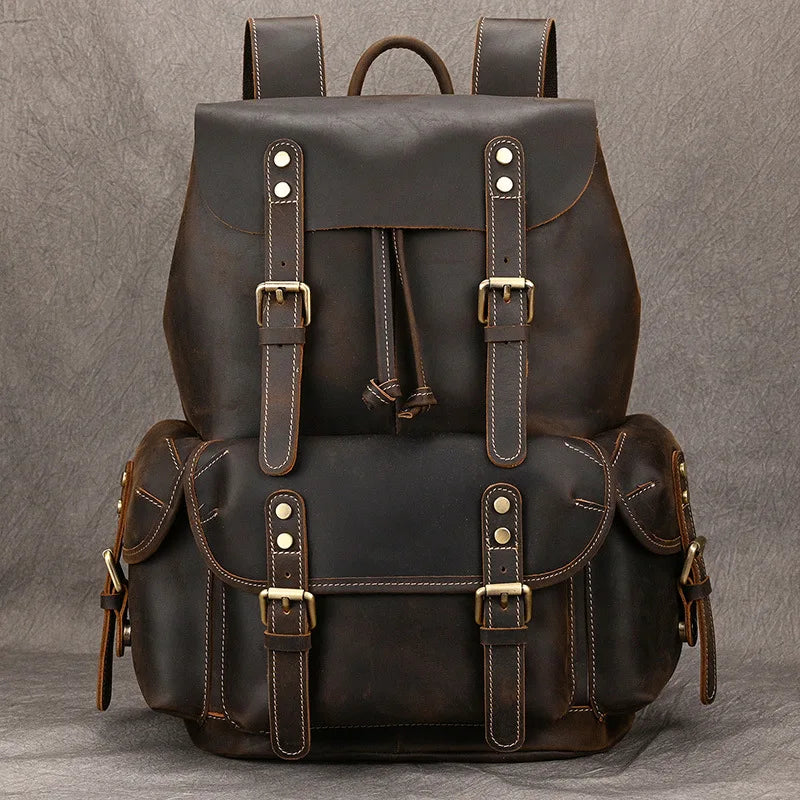 aichashi Vintage Crazy Horse Leather Mens Backpack Thick Genuine Leather Women Rucksack Big Capacity Travel Bag School Backpack