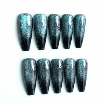 Aichashi 24pcs Cat Eye False Nail Deep Blue Color Fake Nail Tips Full Cover Nail Art Long Coffin Ballet Press on Nail Manicure Nail Tips