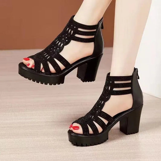 Aichashi High Heels Sandals Woman Gladiator Open Head Sexy Black Rivet Block Heel Platform Shoes Summer Back Zip Size 35-40 Women Sandals