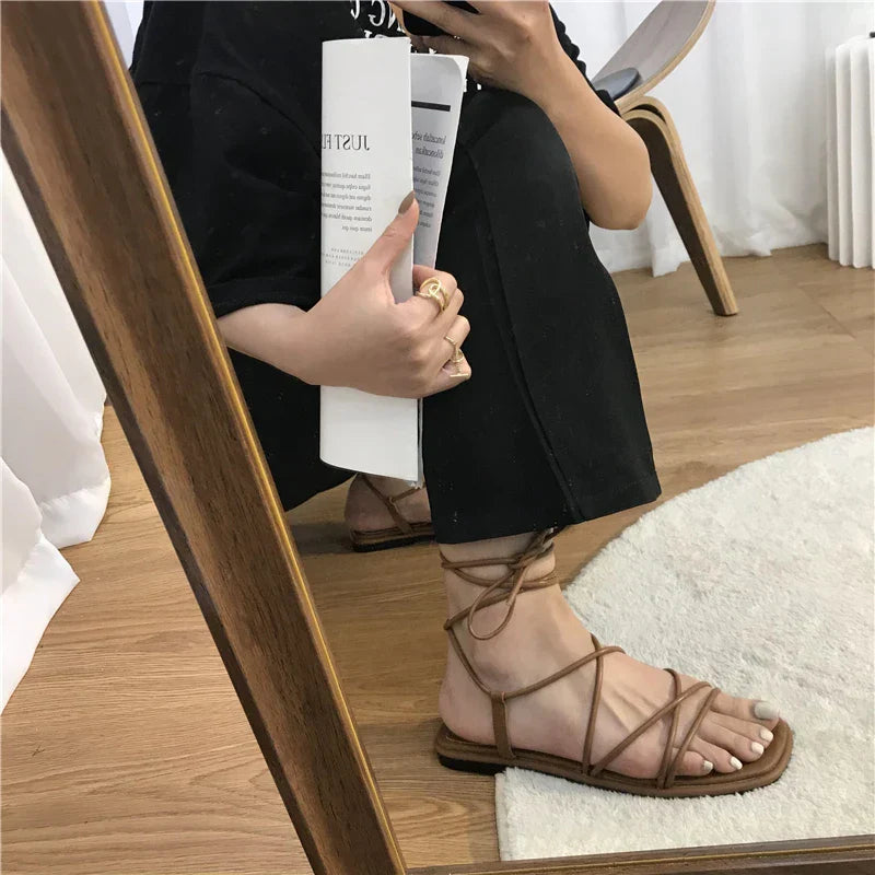 Aichashi 2024 Sandals Women Summer New Fashion Flat Open Toe Cross Lace-up Shoes Casual Elegant Lace-up Beach Gladiator Sandals Zapatilla