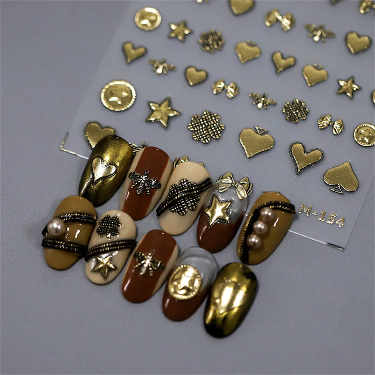 Aichashi 1pcs 5D Bronzing Retro Heart Star Nail Art Charms Stickers Luxury Gold Relief Nail Decorations Decals DIY Self Adhesive Slider