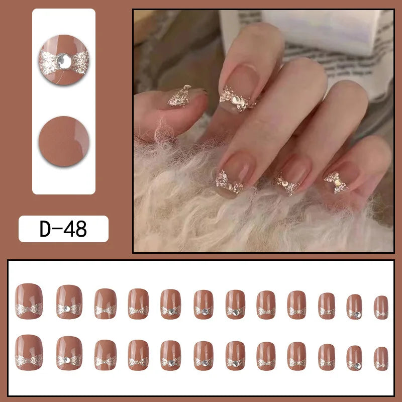 Aichashi 24pcs French Point Diamond Fake Nails Wearing Artificial Square Head Press On Acrylic Nail Art Pearl Patch Almond False Nails