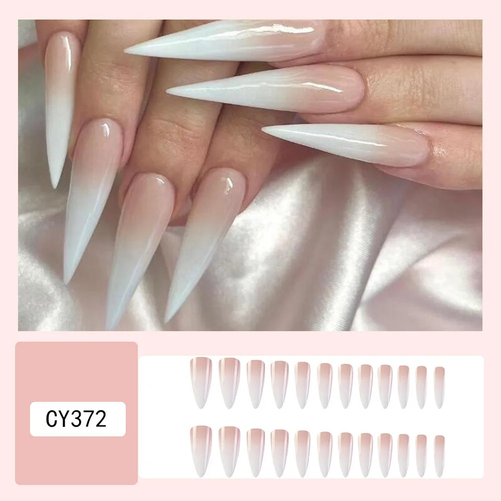 24 Pcs Glossy Long Stiletto Press On Nails Pink And White Gradient Fake Nails  Artificial Finger Reusable False Nails For Women