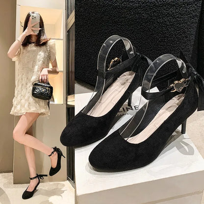 aichashi  -  Women Sexy Black Ankle Strap Thin High Heels Autumn New Woman Flock Round Toe Pumps Female Heart Buckle Fashion Shallow Pumps