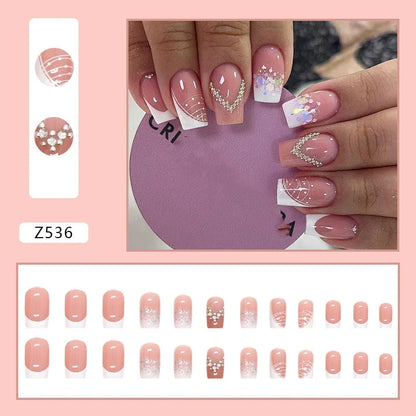 24Pcs/Set Medium Long French Wear False Nails Art Blue Wave Press on Acrylic Nail Tips Hot Fake Nails Collection Stick on Nails