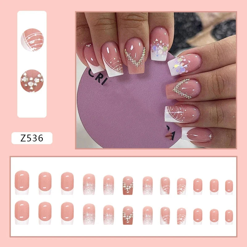 24Pcs/Set Medium Long French Wear False Nails Art Blue Wave Press on Acrylic Nail Tips Hot Fake Nails Collection Stick on Nails