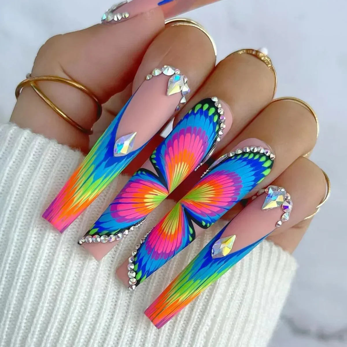 Aichashi 24Pcs Wearable Colorful Butterfly Designs French Press on Nails Long Ballet False Nails with Rhinestone acrylic Fake Nails tips