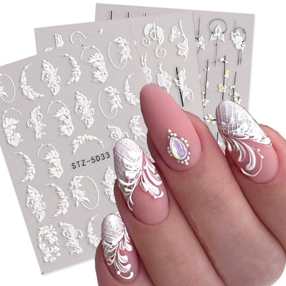 2Pcs 5D Acrylic Lace Flowers Nail Stickers Decals White Wedding Design Simple Floral Embossed Sliders DIY Nails Accesories