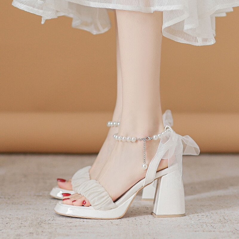 Aichashi Elegant White High Heels Sandals Women Summer Chunky Platform Pearl Ankle Straps Pumps Woman Lace Bowtie Luxury Party Shoes