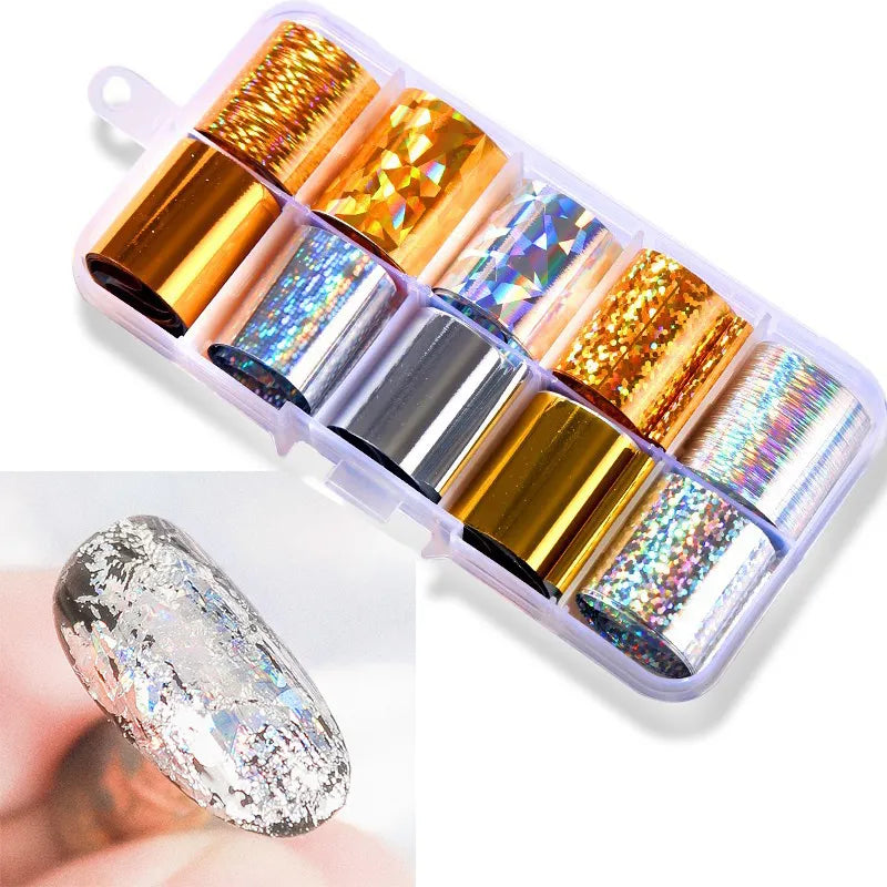 aichashi 1 Box Holographic Nail Foil Set 2.5*60cm Gold Silver  Transfer Sticker Laser DIY Manicure Starry Sky Decals